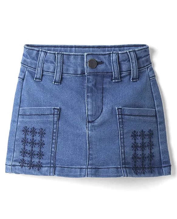 Under Fourteen Only Denim Floral Embroidered Skirt - Navy Blue